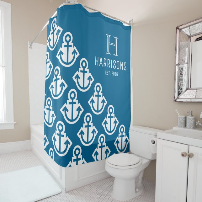 Sea Blue Nautical Anchors Personalised Family Name Shower Curtain (In Situ)