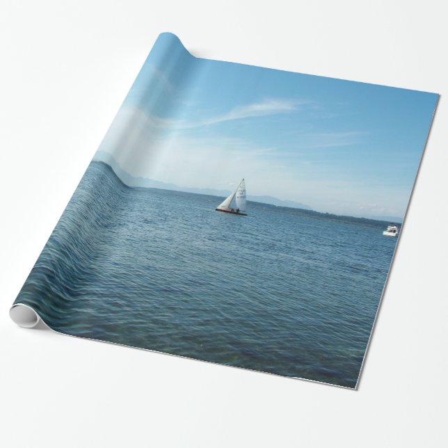 sea, blue sky and white boats holiday gift wrapping paper (Unrolled)