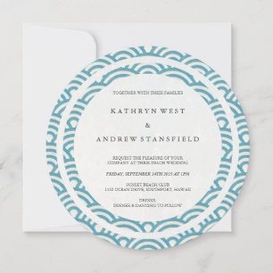 Sea Blue Stylised Waves Elegant Beach Wedding Invitation
