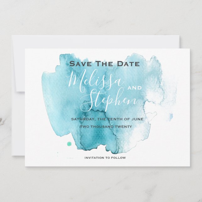 Sea Blue Watercolor Beach Wedding Save The Date (Front)