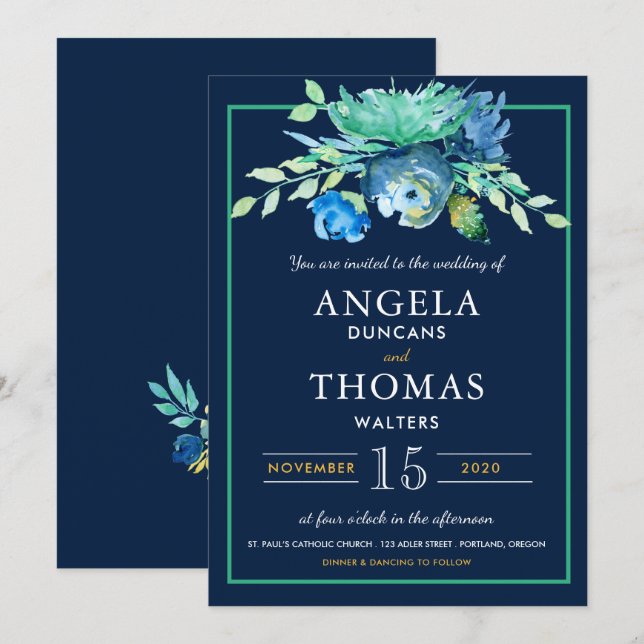 Sea Blue Watercolor Flowers Wedding Invitation (Front/Back)