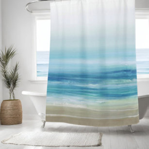 Sea Blue Watercolor Ocean Waves Coastal Beach  Shower Curtain