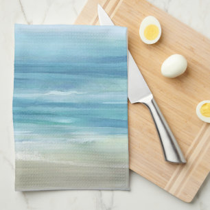Sea Blue Watercolor Ocean Waves Coastal Beach  Tea Towel