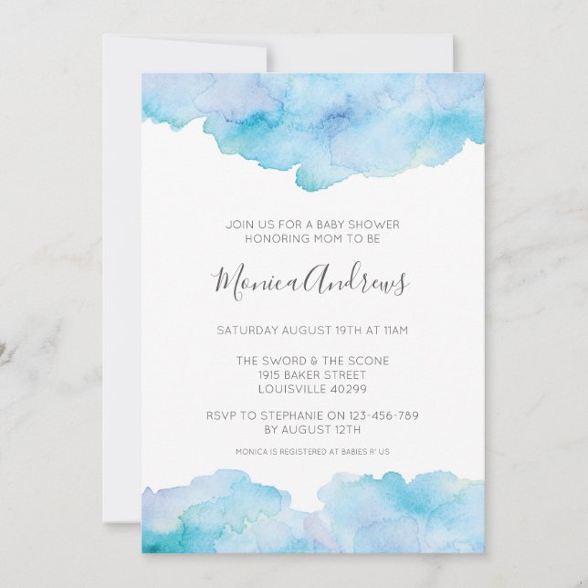Sea Blue watercolour Baby Shower invitation (Front)