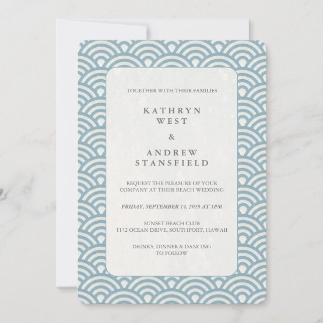 Sea Blue + White Deco Wave Pattern Wedding Invitation (Front)