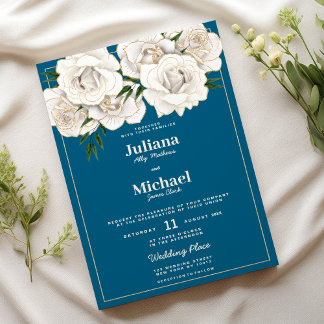 Sea blue white gold glitter roses floral Wedding Invitation