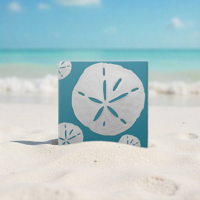 Sea Blue & White Tropical Beach Sand Dollar Accent Tile (Creator Uploaded)