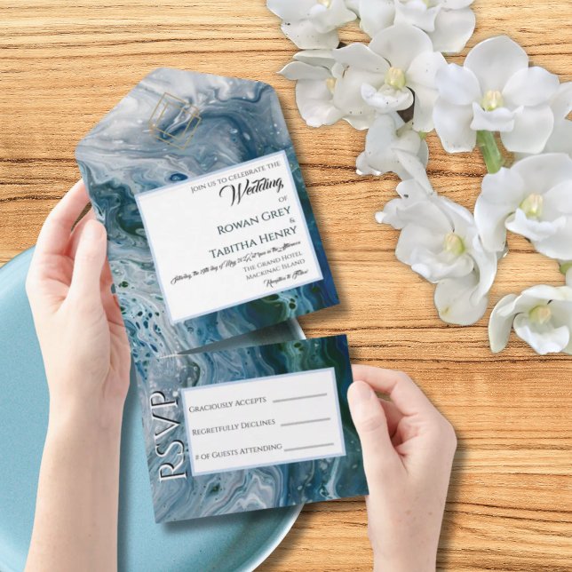 Sea Blues Alcohol Ink Paint Elegant Wedding  All In One Invitation (Creator Uploaded)