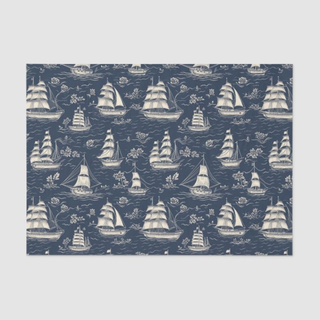 Sea Boats at Night Navy Blue Decoupage Tissue Paper (Front)