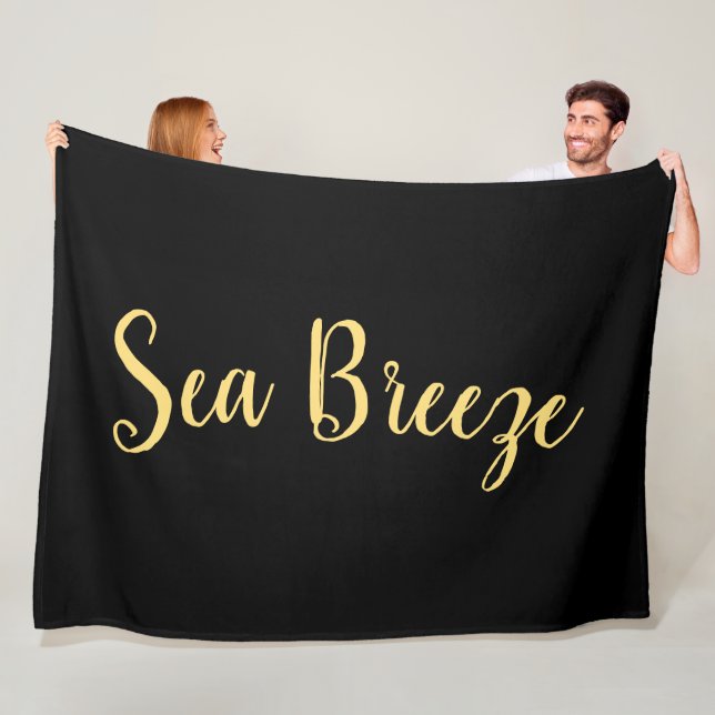 "Sea Breeze" Fancy Fun Script Black Background Fleece Blanket (In Situ)