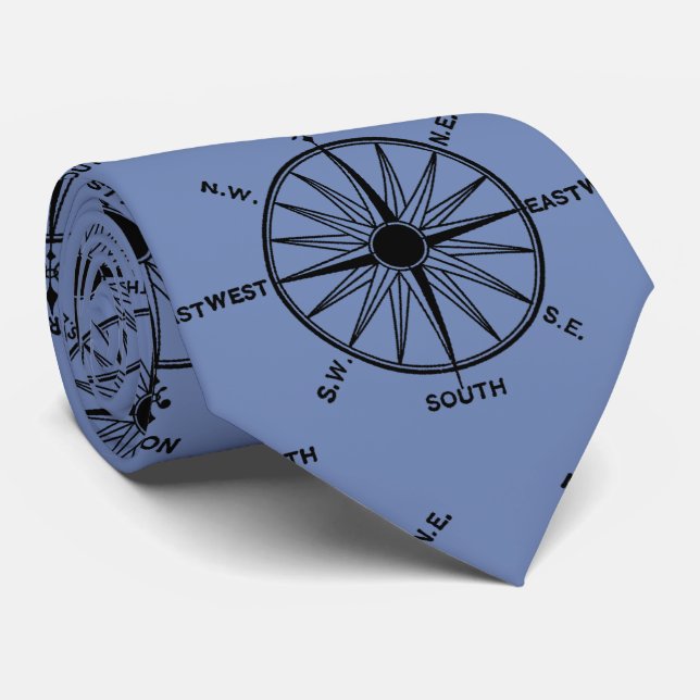 Sea Compass Pattern on Blue Tie (Rolled)