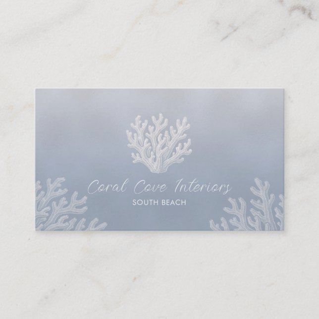 Sea Coral Silhouette | Silver Blue Pearl  Business Card (Front)