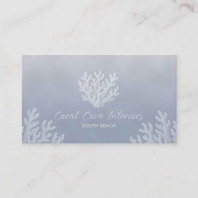 Sea Coral Silhouette | Silver Blue Pearl  Business Card (Front)