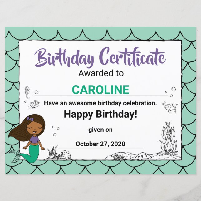Sea Creature Party Black Mermaid B-day Certificate (Front)