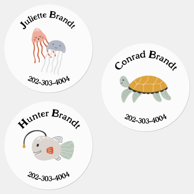 Sea Creature Waterproof Circle Sticker Name Labels (Group)