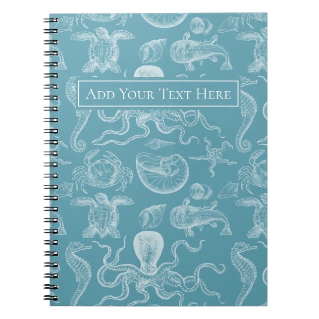 Sea Creatures Blue  Modern Vintage Illustration Notebook (Front)