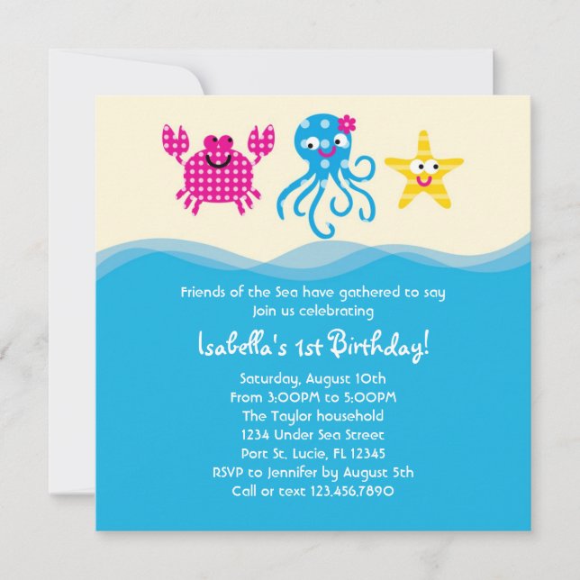 Sea Creatures Girl Birthday Invitation (Front)
