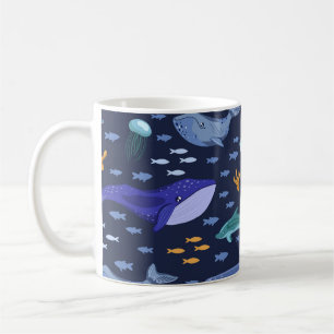 Sea creatures: whales, jellyfish pattern. coffee mug