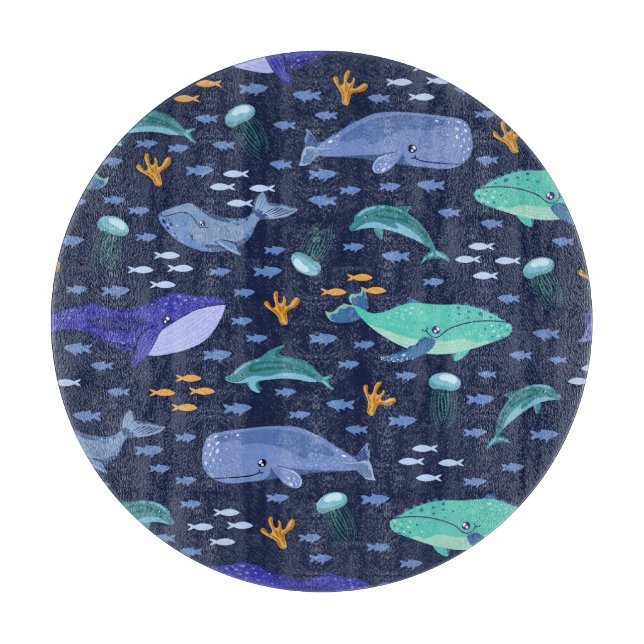 Sea creatures: whales, jellyfish pattern. cutting board (Front)