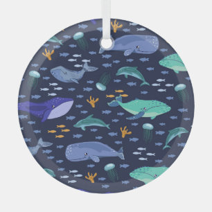 Sea creatures: whales, jellyfish pattern. glass tree decoration