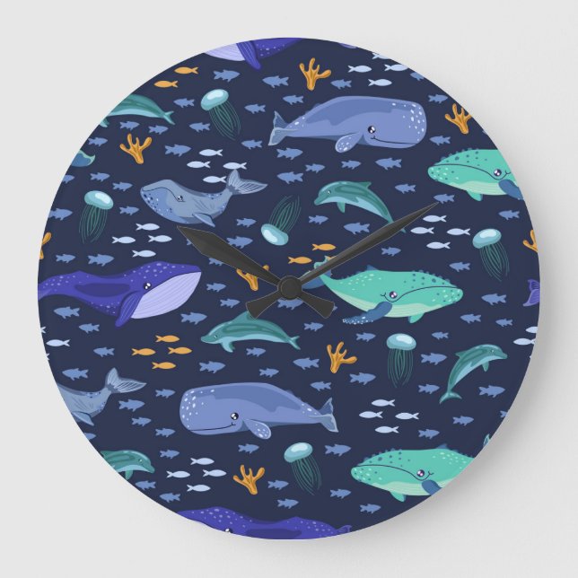 Sea creatures: whales, jellyfish pattern. large clock (Front)