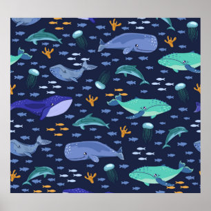 Sea creatures: whales, jellyfish pattern. poster