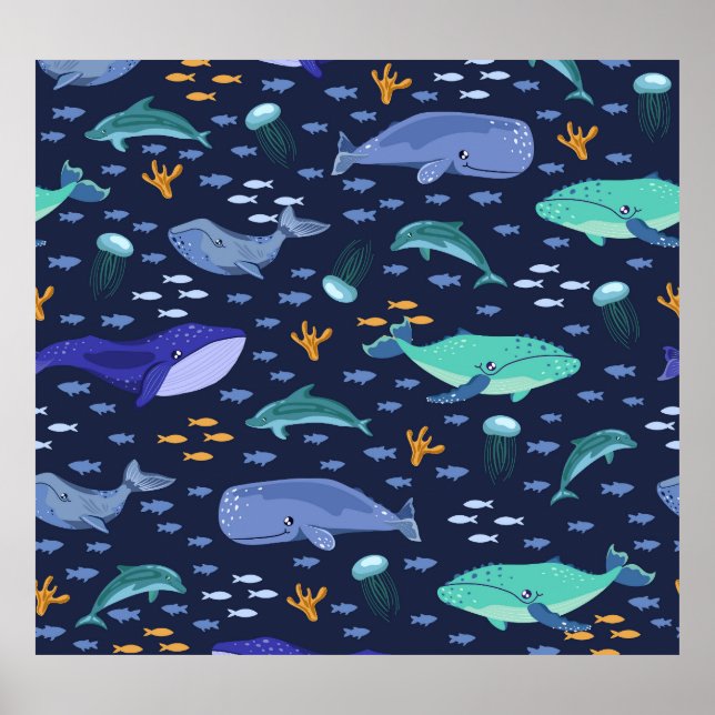 Sea creatures: whales, jellyfish pattern. poster (Front)