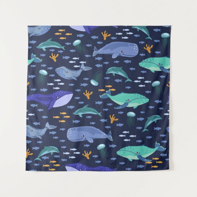 Sea creatures: whales, jellyfish pattern. tapestry (Front)