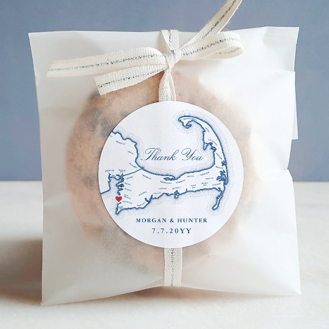 Sea Crest  Cape Cod Thank You Wedding Favour Classic Round Sticker (Sea Crest Beach Hotel Falmouth MA Thank You wedding favor sticker label in elegant navy blue )