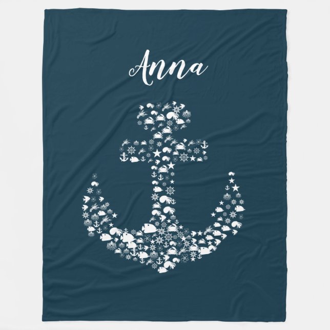 Sea Critters Anchor Nautical / Coastal Fleece Blanket (Front)