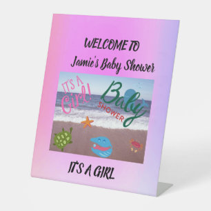Sea Critters Baby Shower Pink Background Pedestal Sign