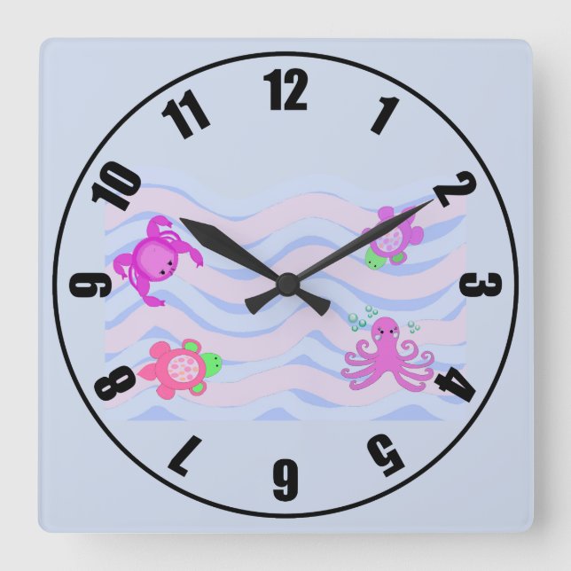 Sea Critters Nursery Decor Square Wall Clock (Front)