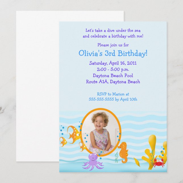 SEA CRITTERS Under the Sea *PHOTO* Birthday 5x7 Invitation (Front/Back)