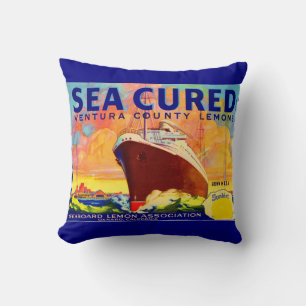 Sea-Cured brand lemons crate label print Cushion