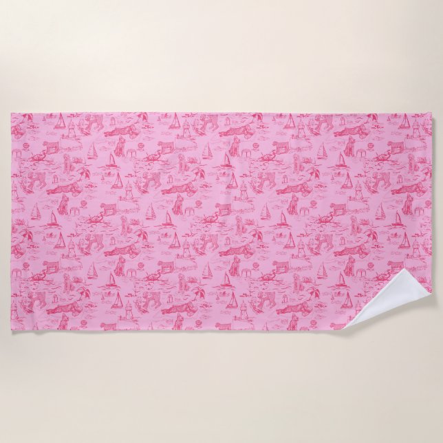 Sea Dog Toile Pink  Beach Towel (Front)