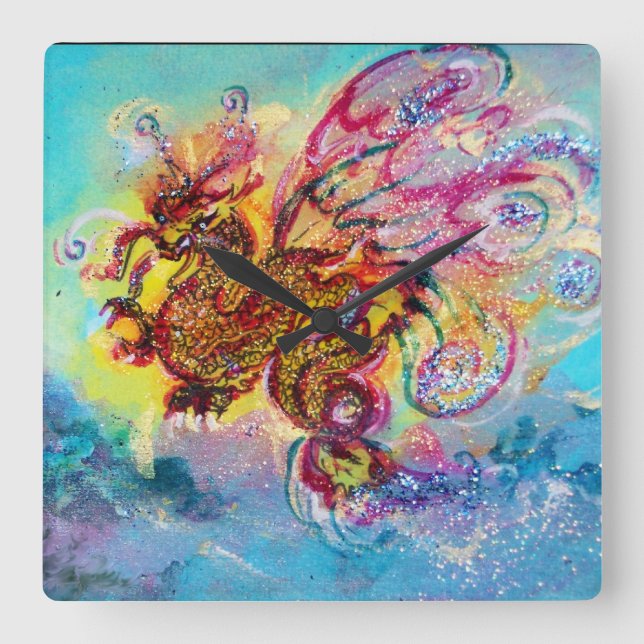 SEA DRAGON AND BLUE WAVES Fantasy Square Wall Clock (Front)