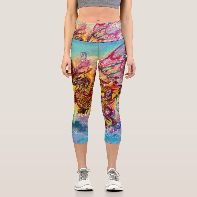 SEA DRAGON in Blue Gold Yellow Pink Fantasy  Capri Leggings (Front)