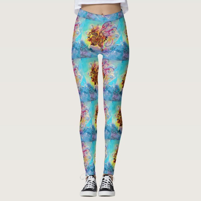 SEA DRAGON in Blue Gold Yellow Pink Fantasy Leggings (Front)
