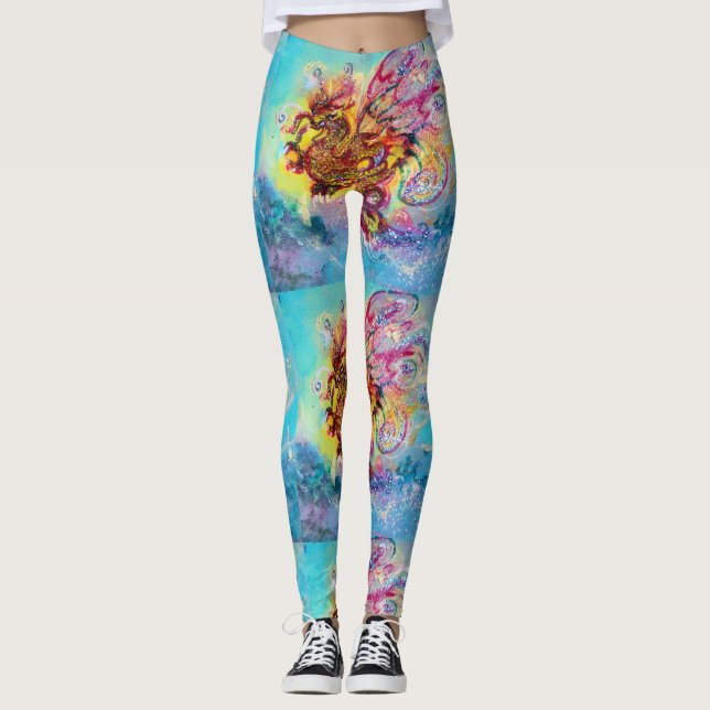 SEA DRAGON in Blue Gold Yellow Pink Fantasy Leggings (Front)