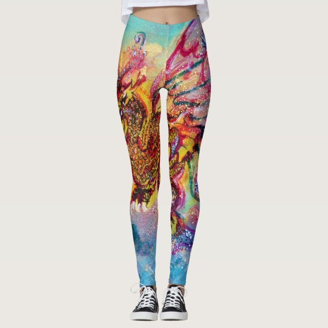 SEA DRAGON in Blue Gold Yellow Pink Fantasy Leggings (Front)