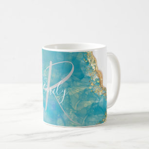 Sea Foam Agate Marble Abstract Name Monogram Coffee Mug