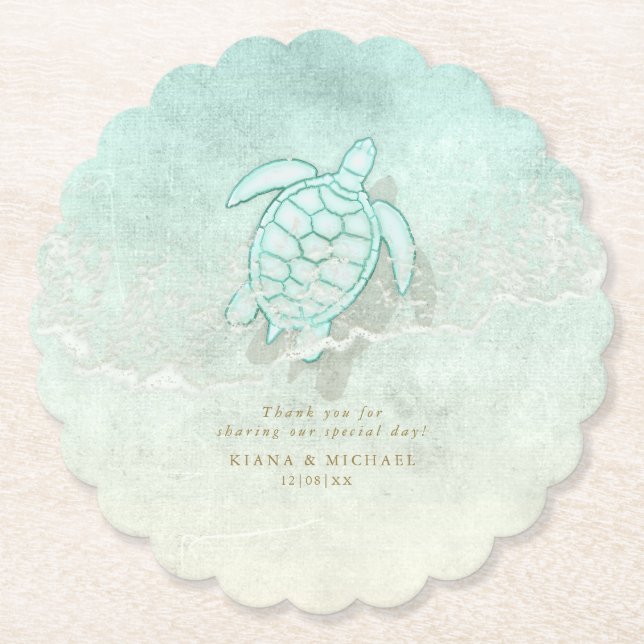 Sea Foam Beach Wedding Turtle ID837 Paper Coaster (Front)