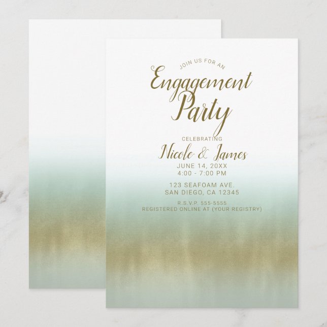 Sea Foam Gold White Elegant Beach Engagement Party Invitation (Front/Back)