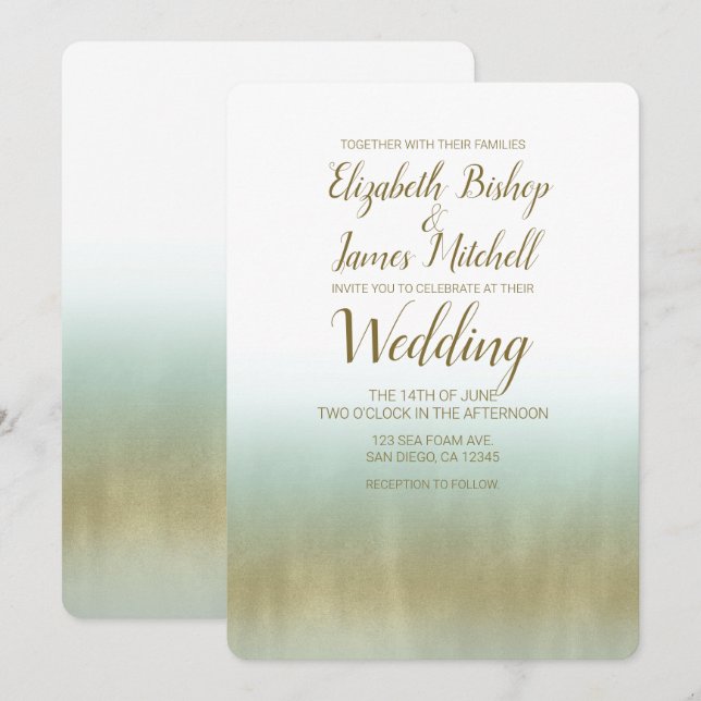 Sea Foam Gold White Elegant Beach Modern Wedding Invitation (Front/Back)