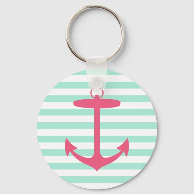 Sea Foam Green and Pink Anchor Key Ring (Front)