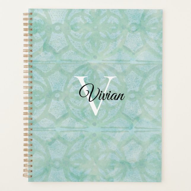 Sea Foam Green Batik Monogram Name Planner (Front)