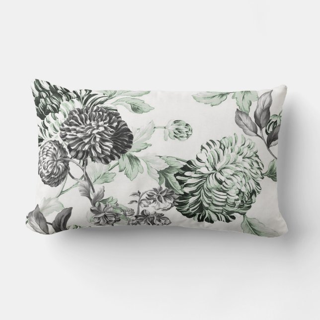 Sea Foam Green Black & White Botanical Toile Lumbar Cushion (Front)