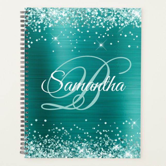 Sea Foam Green Glitter Aqua Teal Foil Monogram Planner (Front)