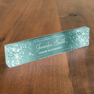 Sea Foam Green Glitter Faux Aqua Teal Foil Nameplate