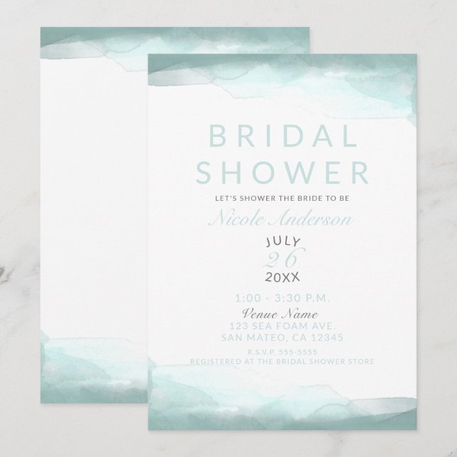 Sea Foam Green Watercolor Modern Bridal Shower Invitation (Front/Back)